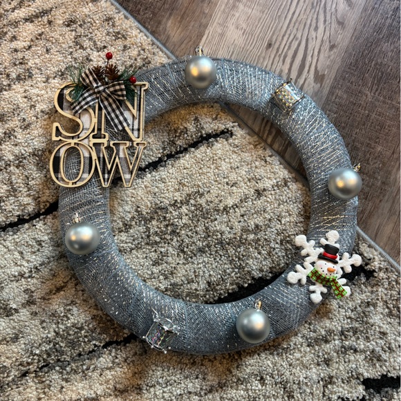 Christmas holiday wreath silver tinsel snow snowman drums homemade handmade 14” - Picture 2 of 6